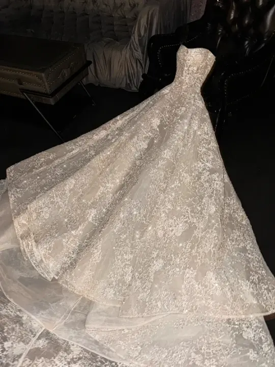Light apricot strapless, fitted waist, A-line, full skirt, long ball gown/bridal dress R8710
