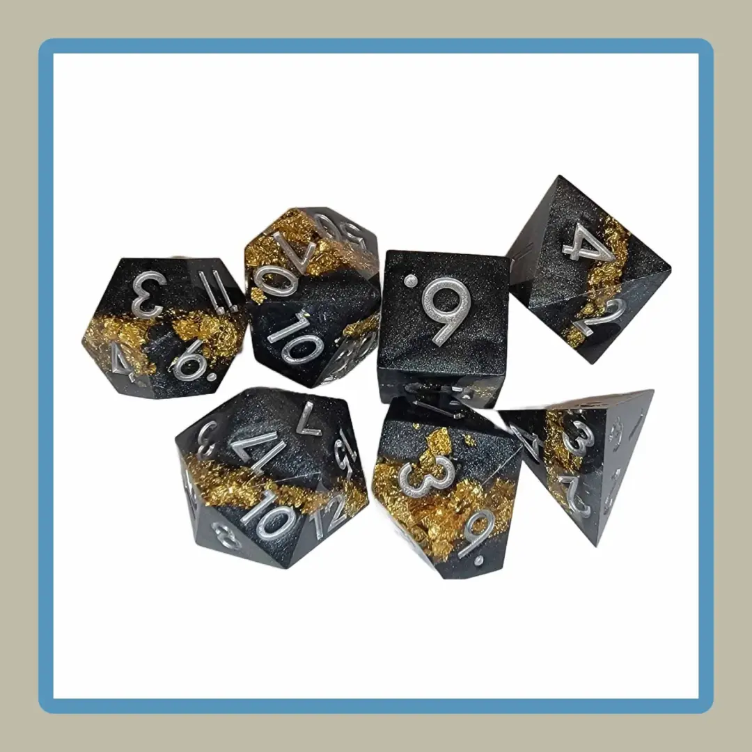 sharp edge rpg dice set in charcoal and gold colors
