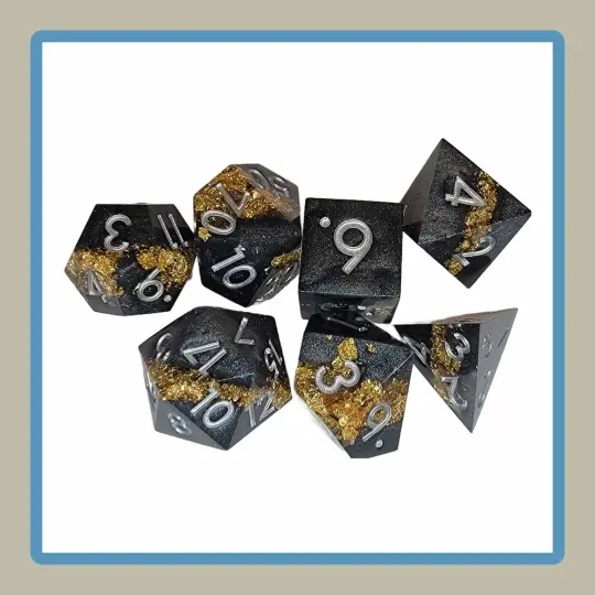 sharp edge rpg dice set in charcoal and gold colors