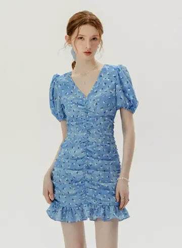 Blue Floral Print Bodycon Mini Dress Women With Ruched Front And Puff Sleeves R9482