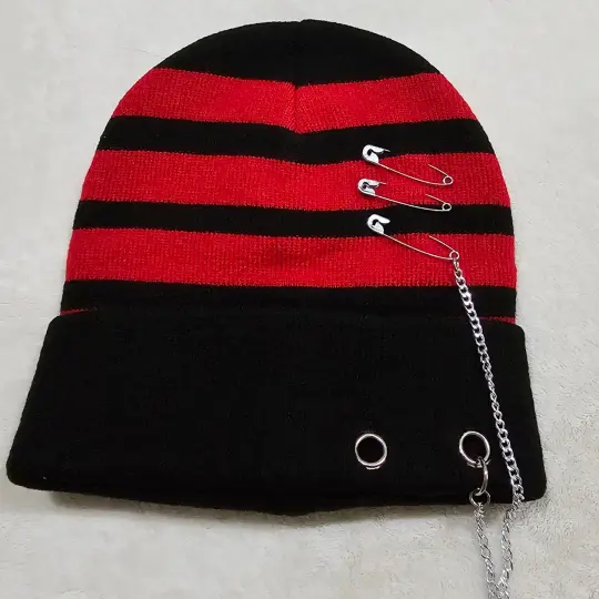 Punk Style Beanie in Black with Red Stripes, Safety Pins & Chain