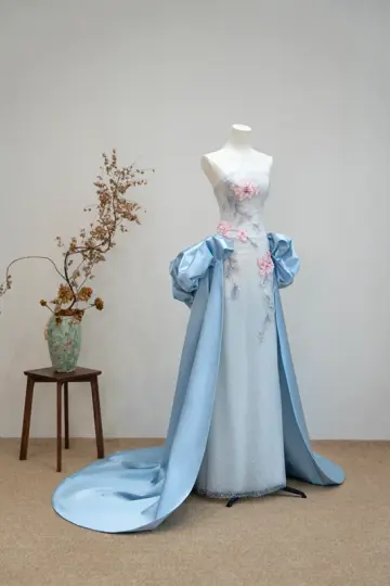 Light blue strapless fitted long ball gown R8893