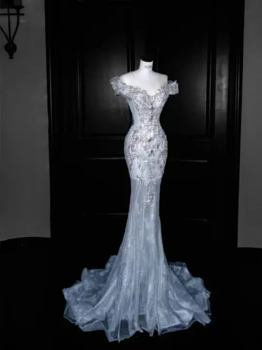 Light blue one-shoulder diamond waist-hugging hip-wrapped fishtail sexy long skirt, prom dress R5643