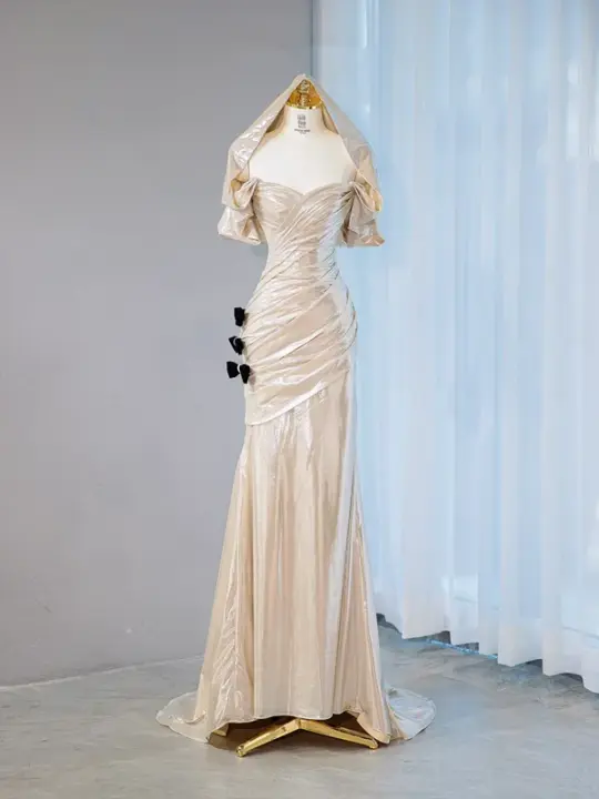 Light champagne-colored strapless, fitted, sexy long ball gown R9031