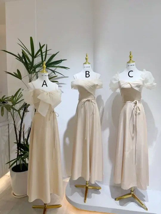 Light yellow satin waist-cinched, slim-fit ball gown, bridesmaid dress R5960