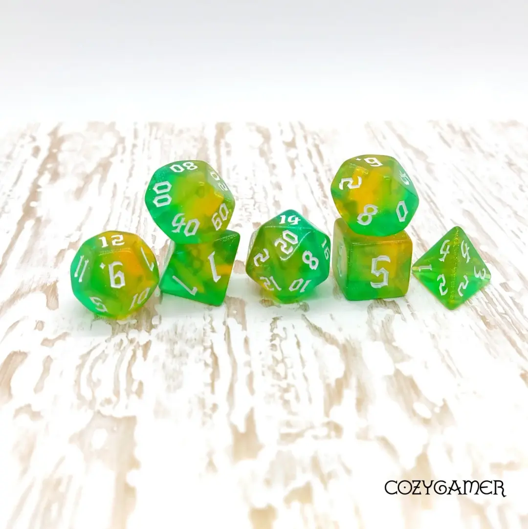 Verdant Oasis Dice Set – 7-Piece Marbled Green Shimmer DnD Dice