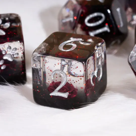 Bleeding Rose Dice Set – 8pc Resin Dice with a Red Rose and Glitter
