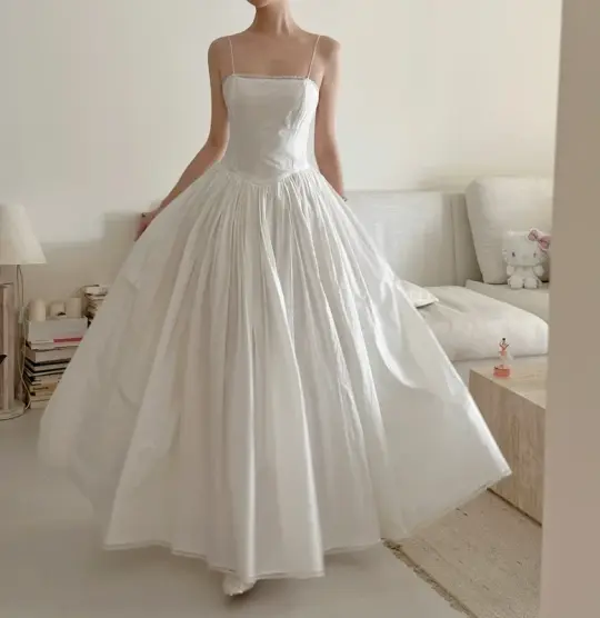 White spaghetti strap, waist-cinched, slim-fit, full-skirted long elegant prom dress R7979