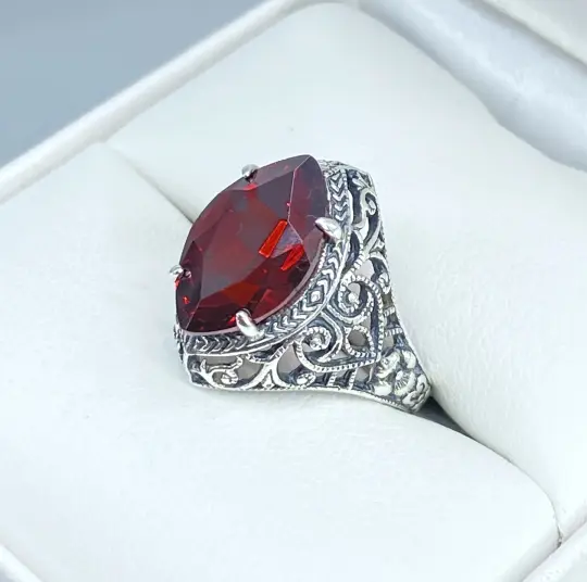 Garnet CZ Ring, Size 4, Marquise Cut Gemstone, Art Deco Filigree Jewelry #D201 - Ready to Ship