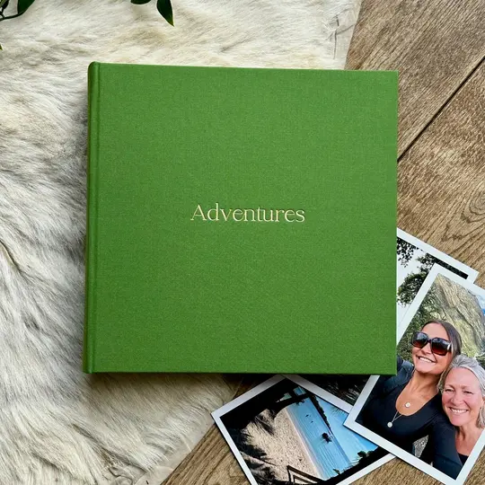 Green ‘Adventures’ Photo Album – Hand-Bound Travel Album Printed in Gold Foil