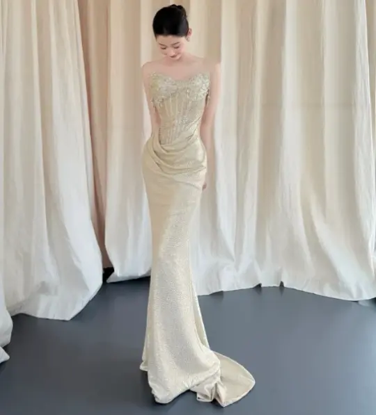 Charming Pastel Yellow Prom Dress ,Mermaid Strapless Embroidery Bodycon Maxi Evening Dress RS1125