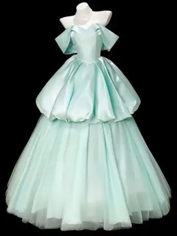Mint Green Elegant Prom Gown , Satin Tiered Maxi Evening Dress Birthday Dress RS1631