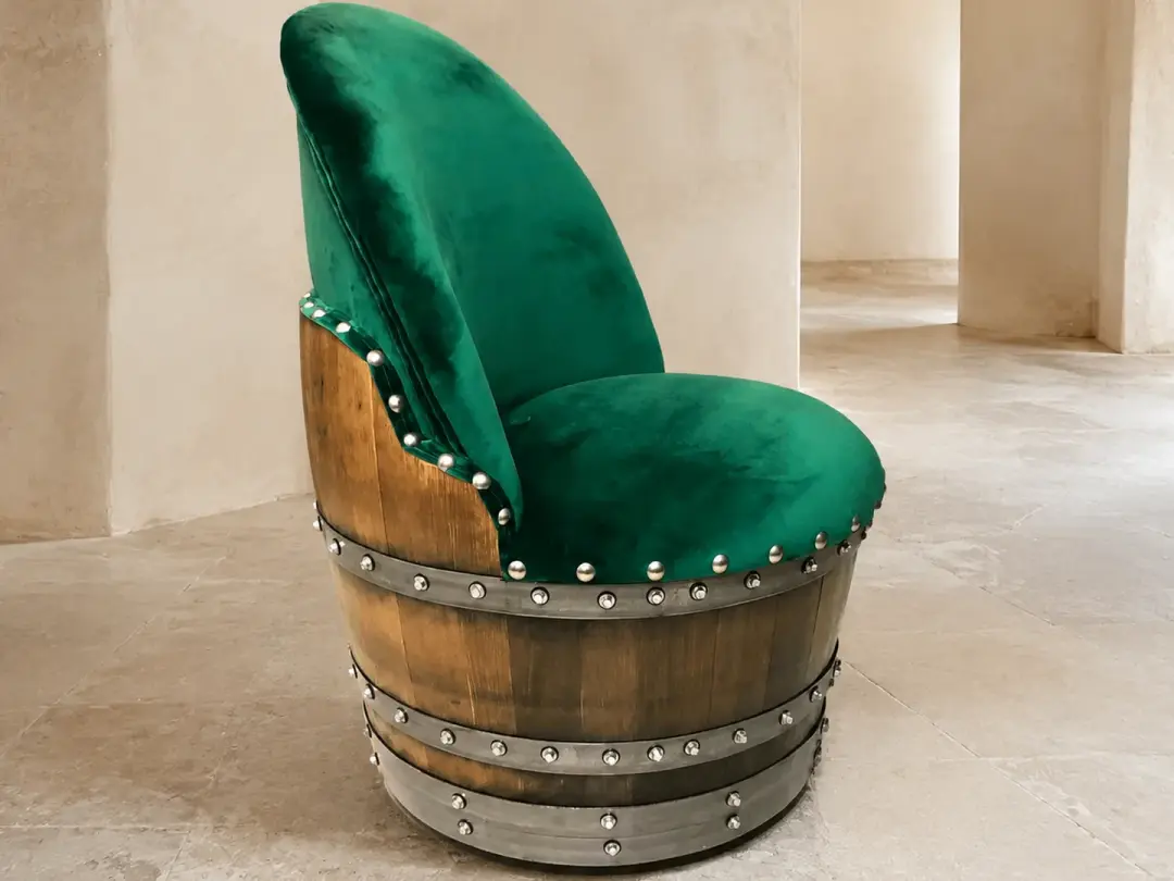 Whiskey & Wine Barrel Reading Chair — Hidden Storage, Green Velvet Upholstery