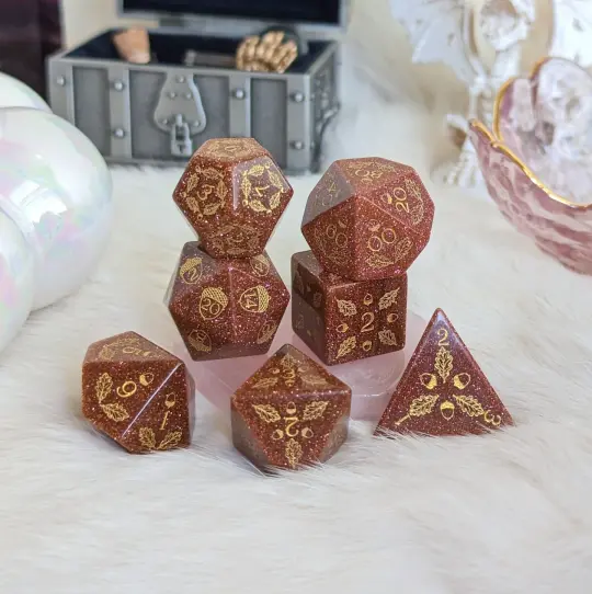 Acorn and Oak Goldstone Dice Set – Engraved Gemstone DnD Dice | Fennek & Finch