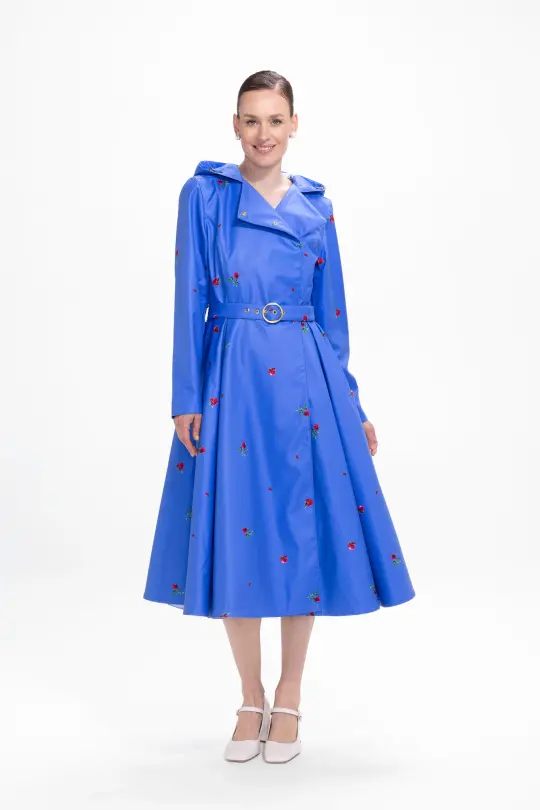 Double Breasted Trench Coat in Blue with Flower Print | Forget-Me-Not