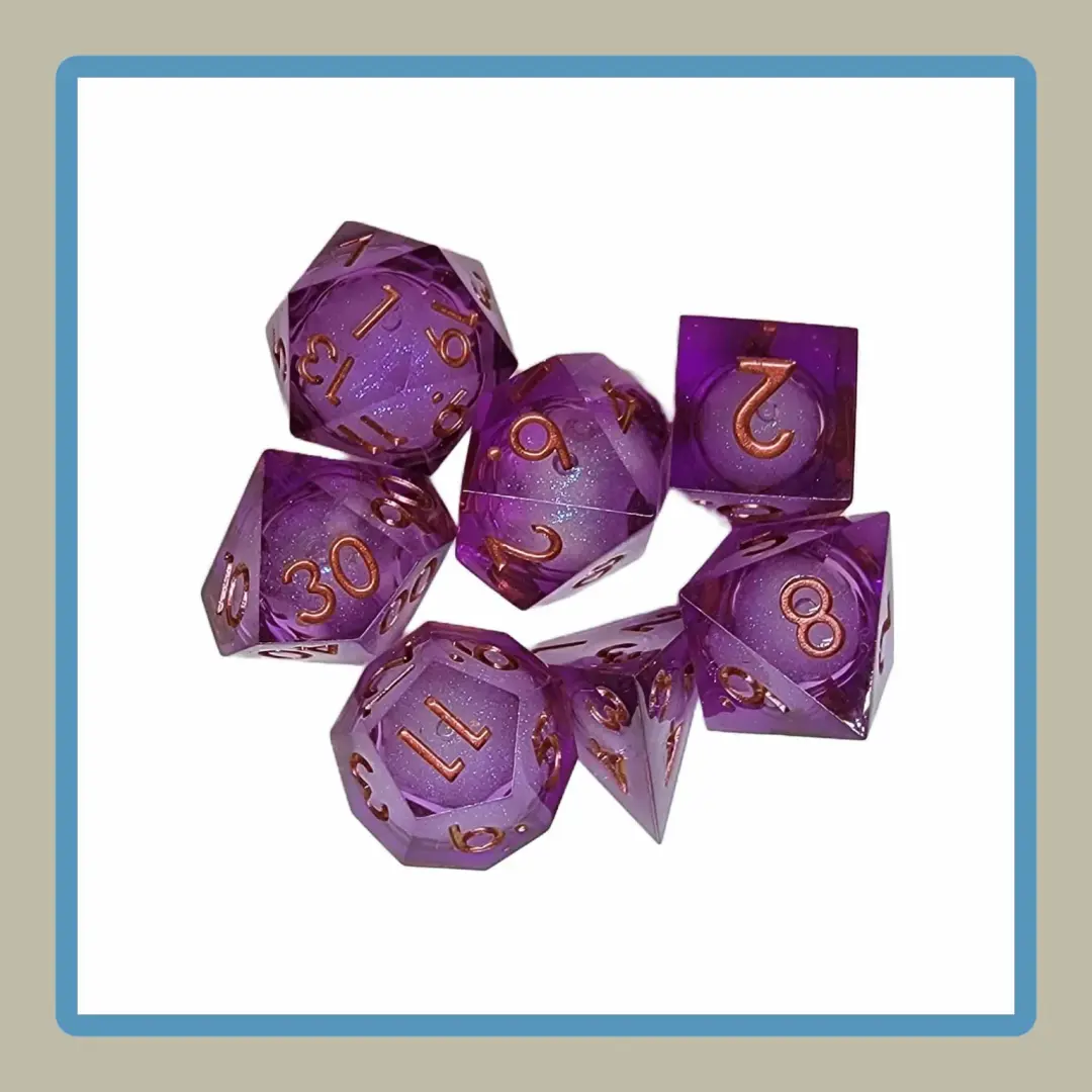 rpg dice in magenta with liquid core