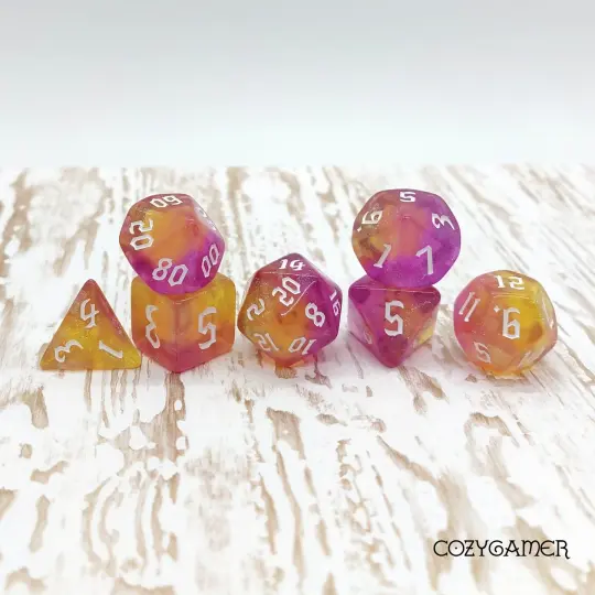 Bubble Bath Dice Set – 7-Piece Marbled Purple Yellow Shimmer DnD Dice