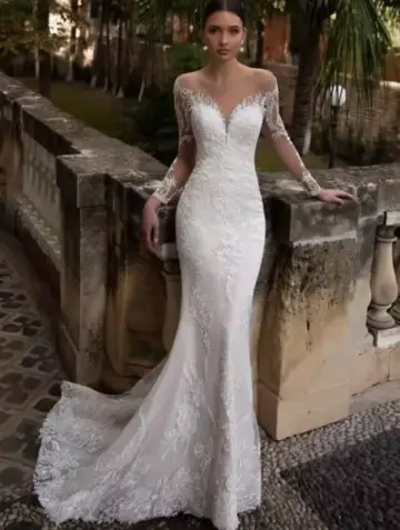 Mermaid Embroidered White Sweetheart Tulle Silky Bodycon Maxi Wedding Dress RS2427