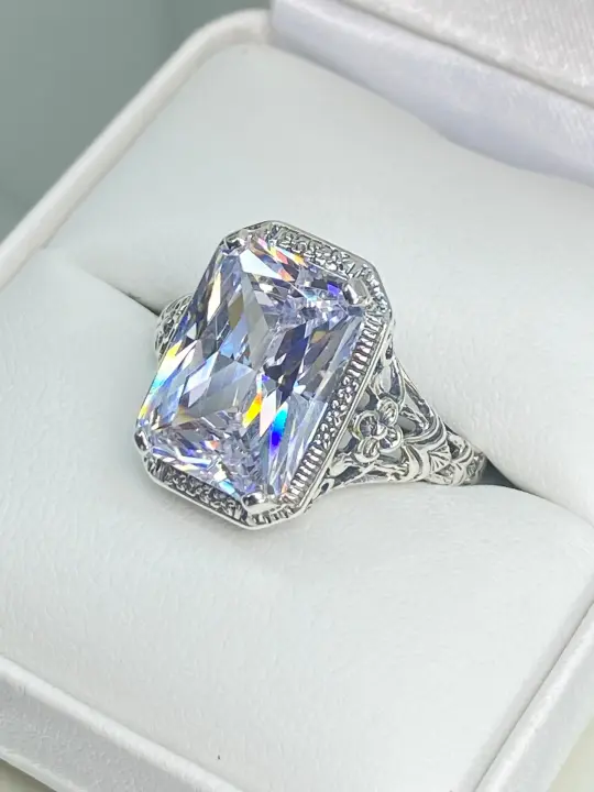 White CZ Ring, Size 10, Cushion Cut Gemstone, Vintage Style Art Nouveau Jewelry, Design#D64 - Ready to Ship