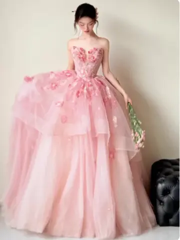 Sweet Pink Ball Gown Strapless Applique Corset Maxi Evening Dress Birthday Dress RS347