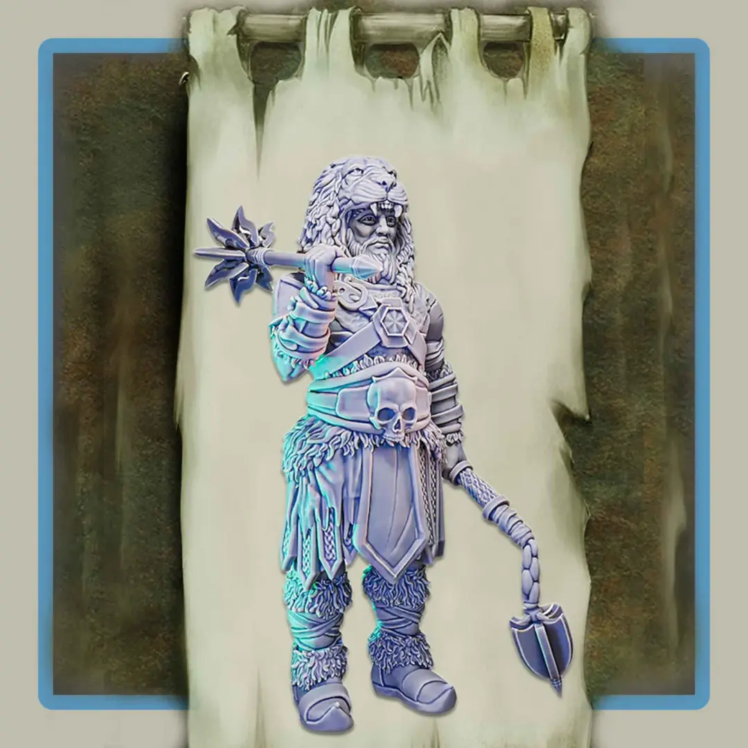 render of 28mm miniature barbarian Tew the Necromancer
