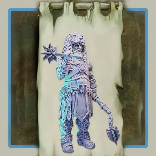 render of 28mm miniature barbarian Tew the Necromancer