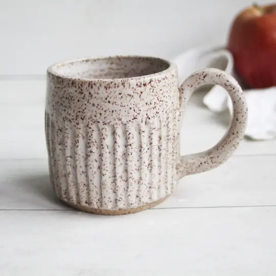 Hand Carved Speckled Pottery Mug in Creamy White Glaze, Made in USA