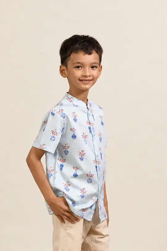 Mandarin-collared Shirt - Turquoise Vases