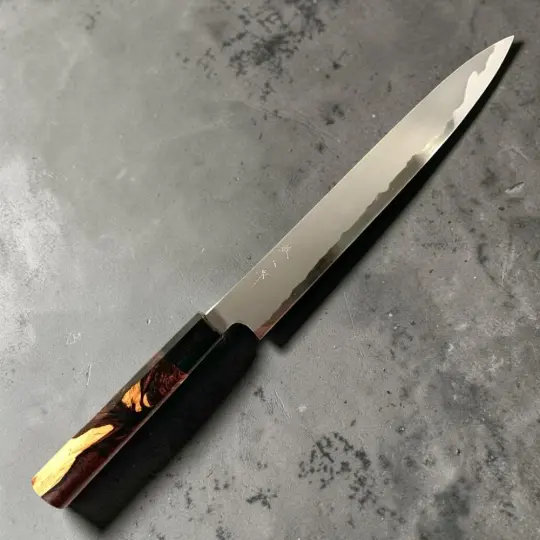 Tetsujin Blue #2 Kasumi Custom Sujihiki 240mm with Jobone Cocobolo and Horn Handle