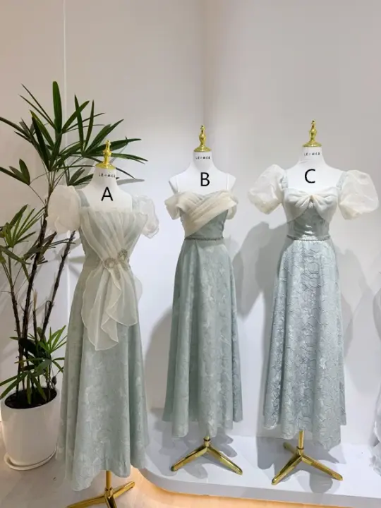 Light blue waist-cinched slim-fit ball gown, bridesmaid dress R5931