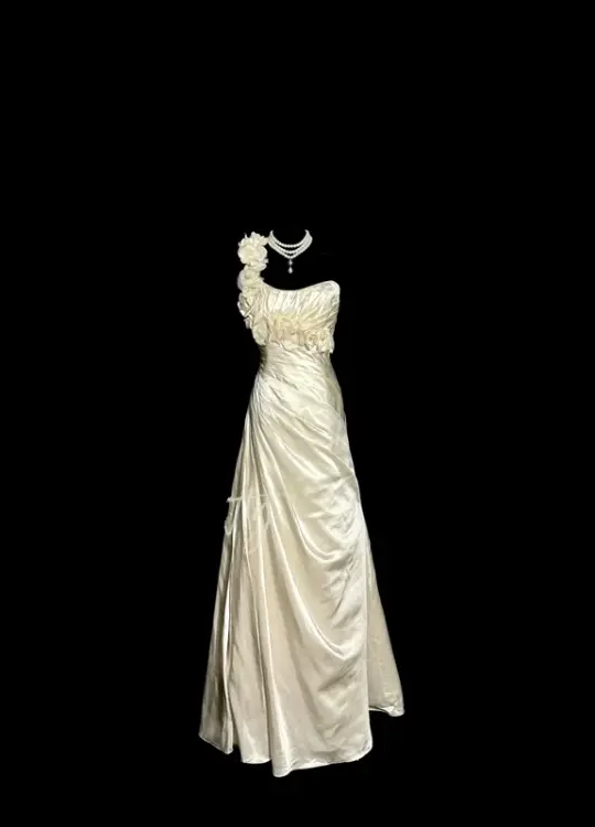 Apricot-colored one-shoulder 3D floral dress with a fitted waist and pleats, long ball gown R6668