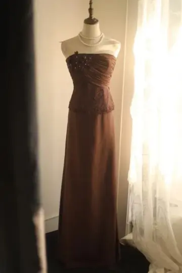Brown strapless, fitted waist, pleated, straight long ball gown R6795