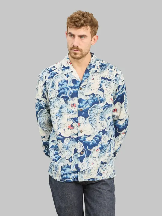 The Flat Head "Hyaku Tora (Hundred Tigers)" Linen Shirt Blue