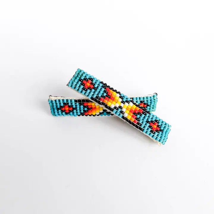 Navajo Beaded Hair Clip Set in Aqua with Exes