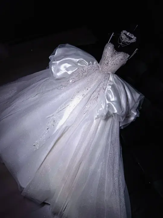 White suspender diamond waist slim fit puffy skirt long dress bridal dress R5722