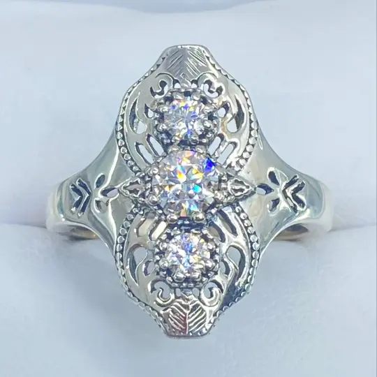 Moissanite Ring, Size 7, Spider Gatsby, Sterling Silver Vintage Jewelry D172 - Ready to Ship