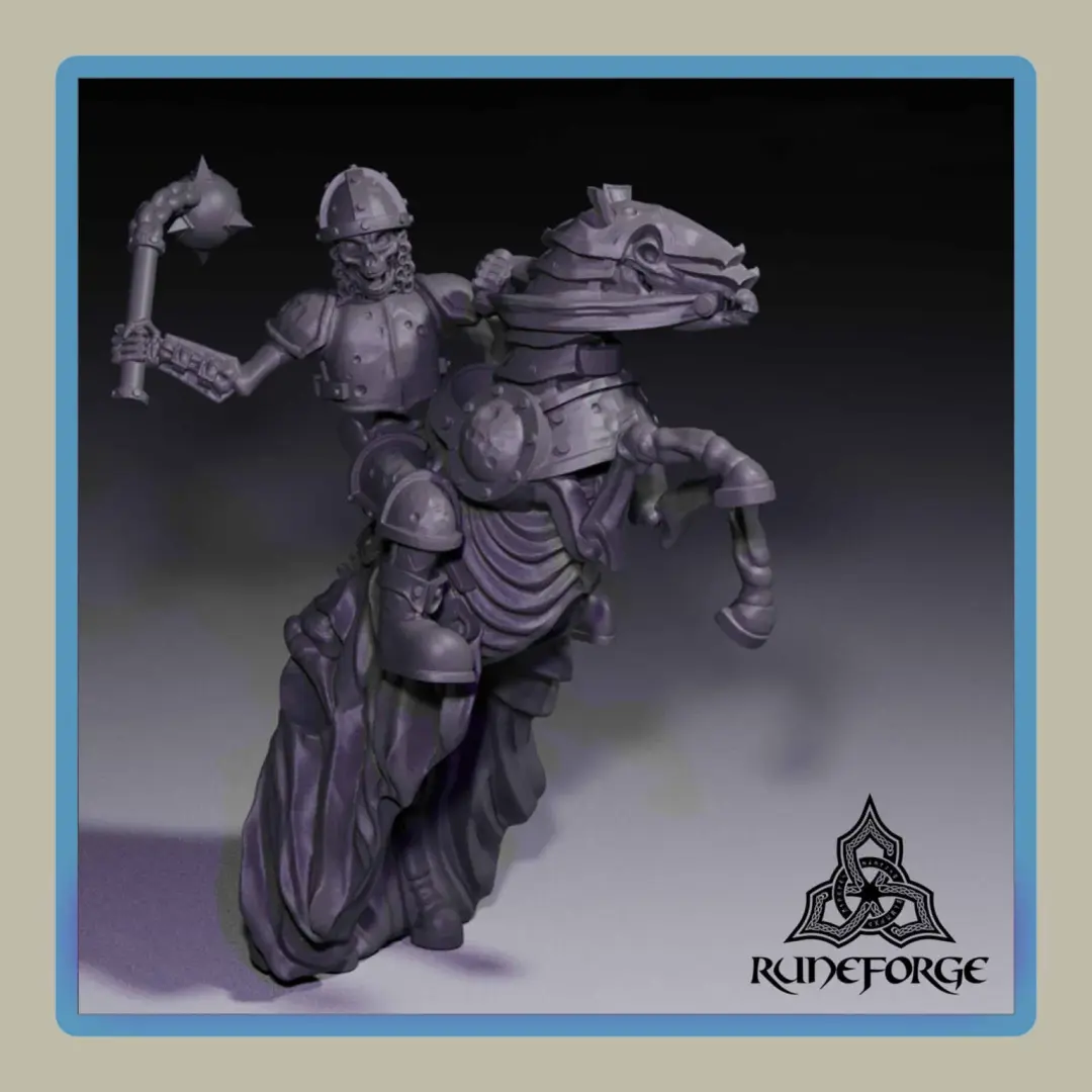 render of 28mm miniature skeleton undead cavalry bucking