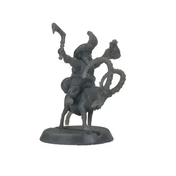 Unpainted 28mm 3D-printed resin dwarf mounted on a horned mountain goat, axe raised - tabletop RPG miniature for D&D, Pathfinder & wargaming