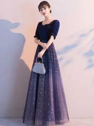 Glitter Starry Sky Prom Dress ,A-Line Square-neck Navy Corset Maxi Evening Dress RS1094