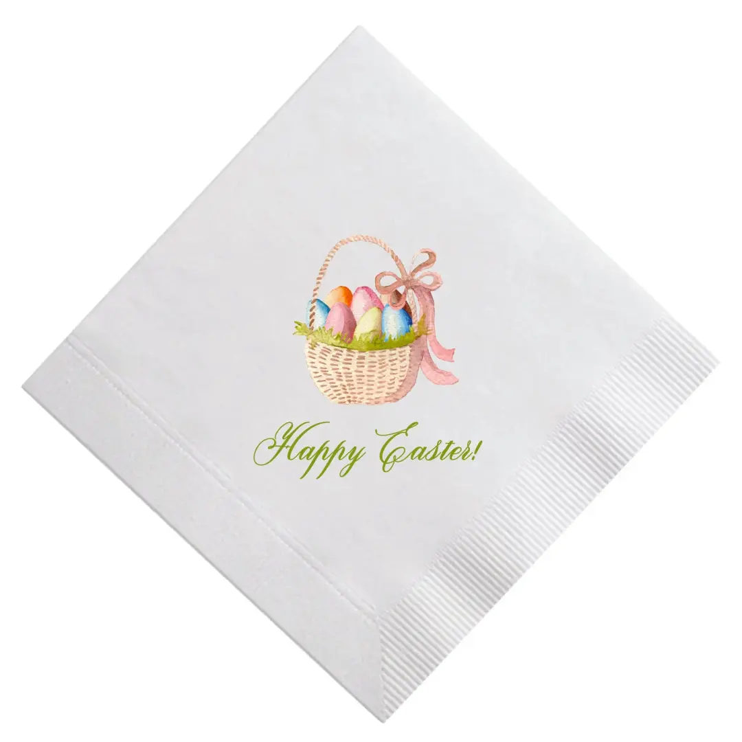Full Color watercolor Easter eggs in a basket with a pink bow Cocktail Napkin