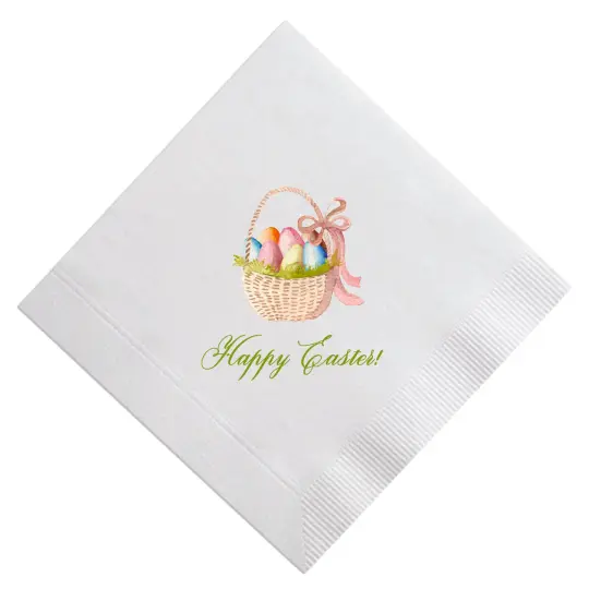 Full Color watercolor Easter eggs in a basket with a pink bow Cocktail Napkin