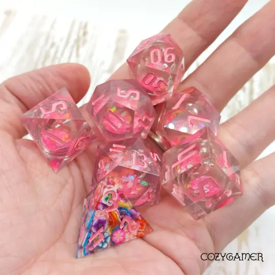 Falling Blossom Liquid Core Sharp Edge Dice Set – 7-Piece Pink Flower DnD Dice
