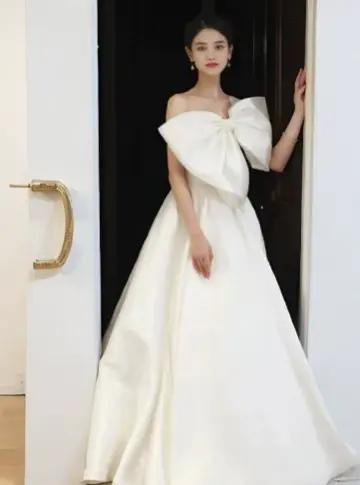 Elegant White A-Line Strapless Dress with Bow-knot Birthday Dress Evening Dress RS026