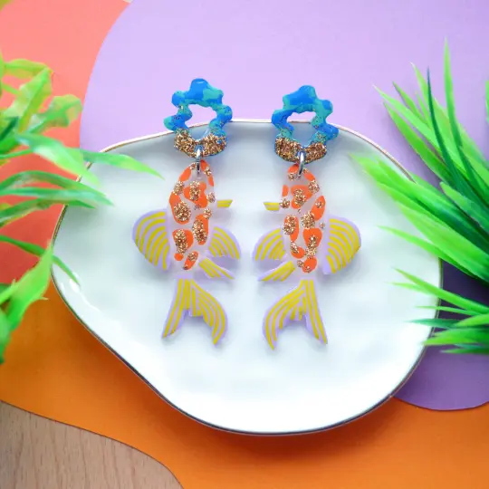 Orange and Gold Glitter Fish Earrings