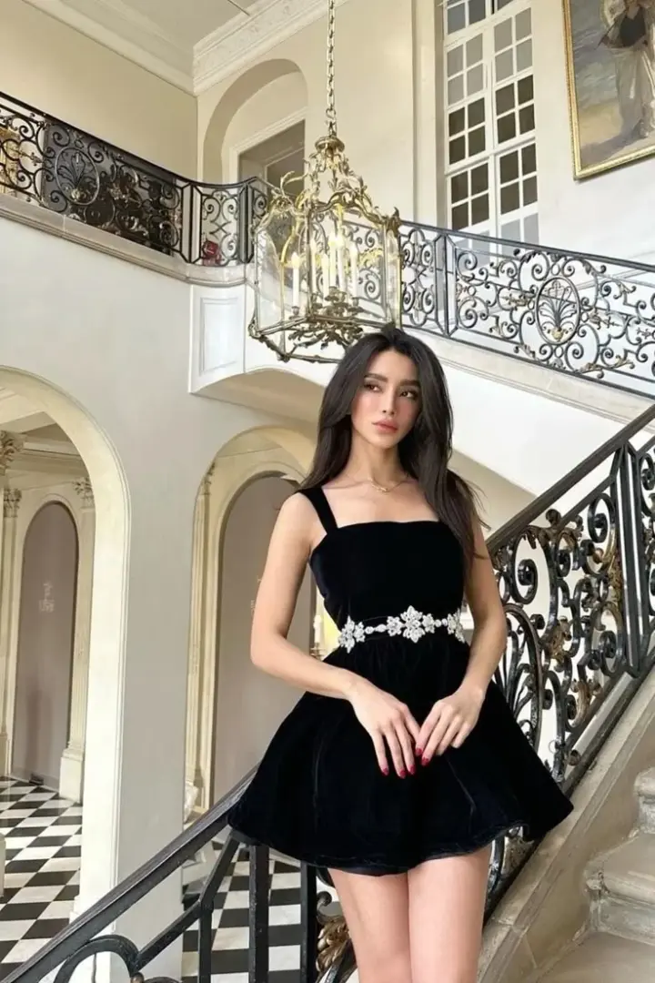 Black suspenders waist slim A-line short skirt homecoming dress R3683