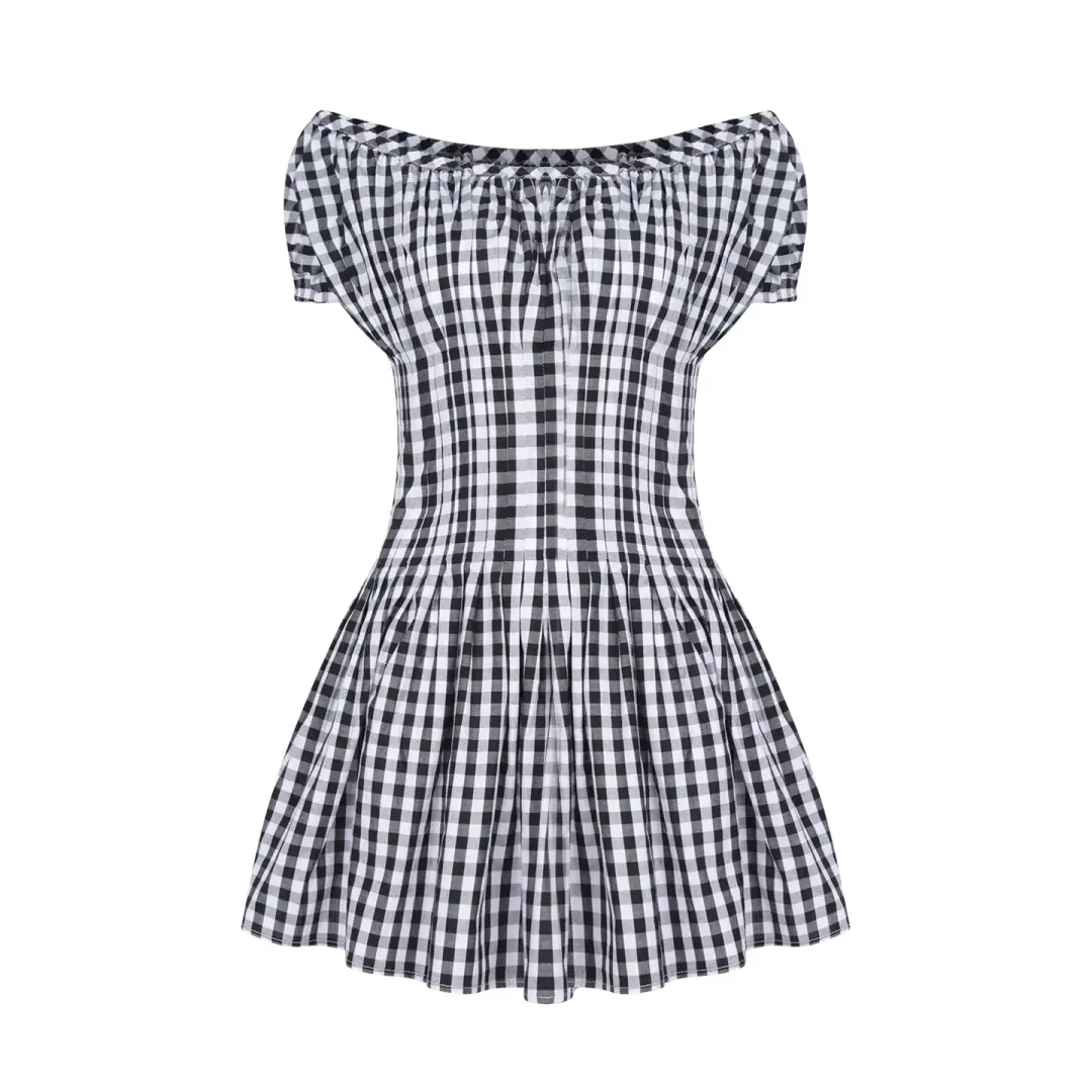Literary style retro black and white plaid waist short-sleeved dress summer mini skirt R3099