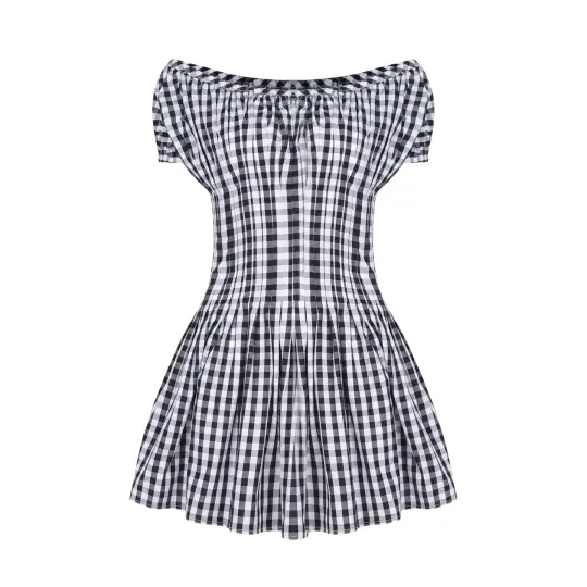 Literary style retro black and white plaid waist short-sleeved dress summer mini skirt R3099