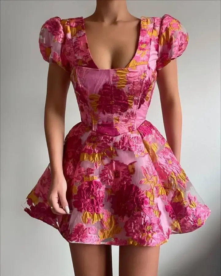 Pink Charming Puff Sleeve Waist A-Line Short Skirt Homecoming Dress R3685