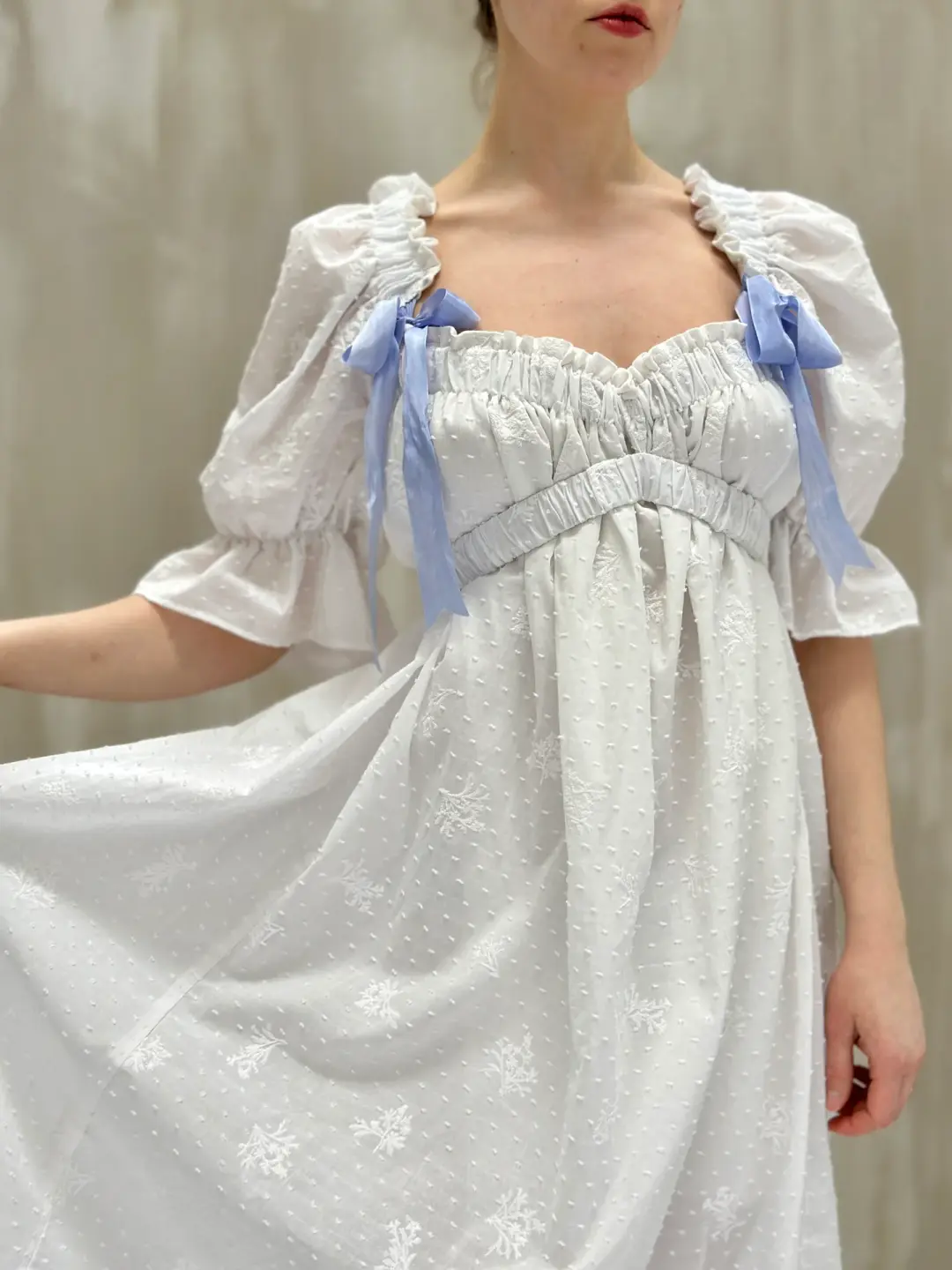 SS 2023: Regency Day Dress with Silk Bows (White Broderie)