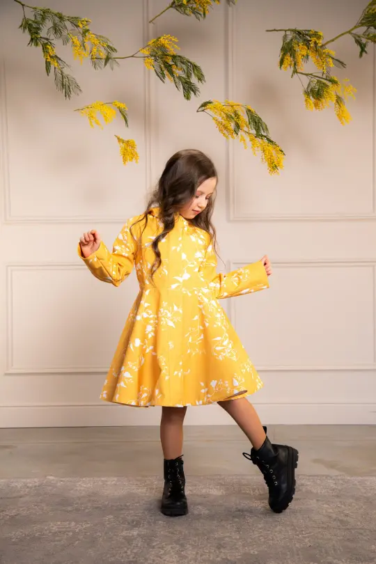 Fitted and Flared Coat for Girls in Yellow with White Floral Print | Majestic Yellow
